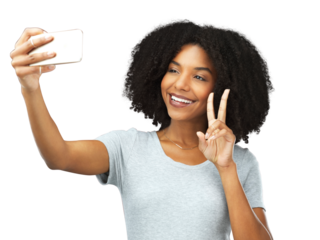 Black woman, peace hand gesture and selfie with social media influencer isolated on transparent png background. Female model, content creation and smile in picture with live streaming and happiness