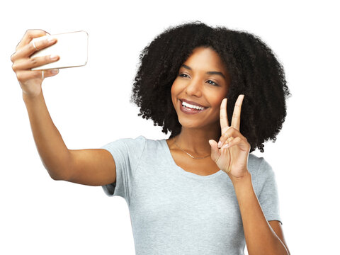 Black woman, peace hand gesture and selfie with social media influencer isolated on transparent png background. Female model, content creation and smile in picture with live streaming and happiness