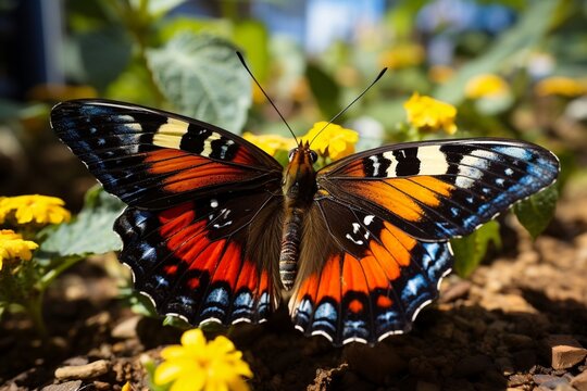 A colorful butterfly sitting on top of yellow flowers. AI