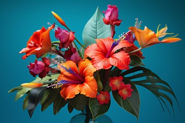 tropical flower bouquet featuring bright hibiscus, bird of paradise, and lush green leaves