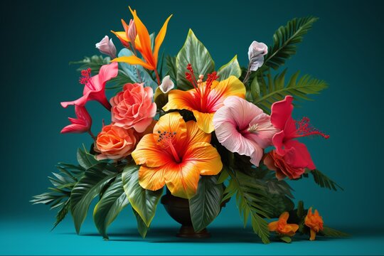 Tropical Flower Bouquet Featuring Bright Hibiscus, Bird Of Paradise, And Lush Green Leaves