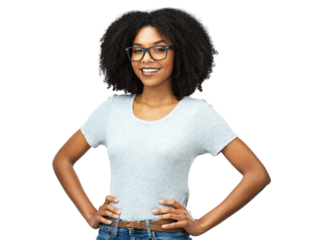 Portrait, happy and black woman with glasses, confidence and fashion isolated on a transparent png background. Face, nerd and African female model from Nigeria with smile, style and hands on hips.