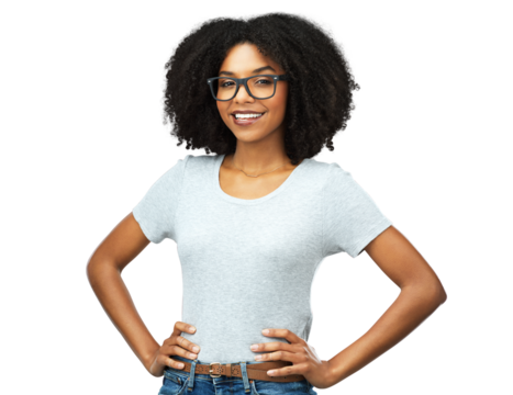 Portrait, happy and black woman with glasses, confidence and fashion isolated on a transparent png background. Face, nerd and African female model from Nigeria with smile, style and hands on hips.