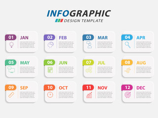 Obraz premium Timeline Creator infographic template. 12 months timeline journey, 1 year calendar infographics design template. presentation graph. Business concept with 12 options or steps, vector illustration.