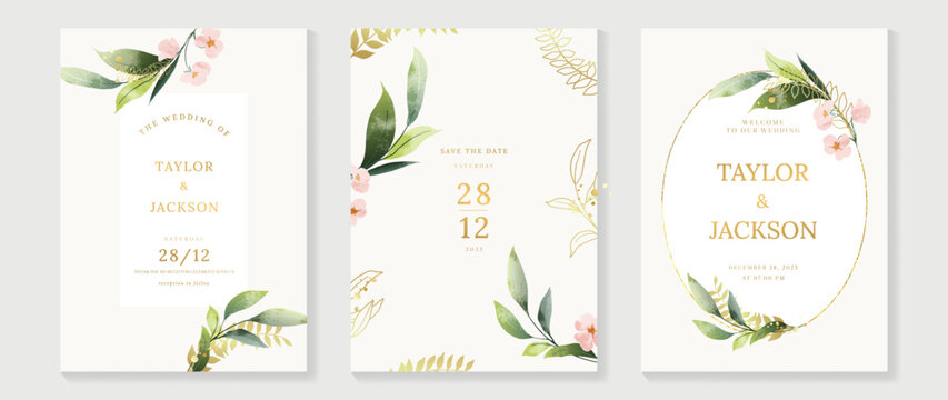 Naklejka Luxury botanical wedding invitation card template. Watercolor card with gold line art, flower, leaves branches, foliage. Elegant blossom vector design suitable for banner, cover, invitation.