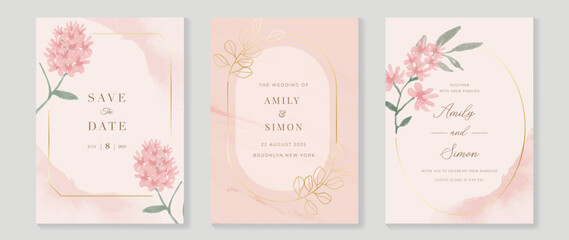 Luxury botanical wedding invitation card template. Watercolor card with gold line art, flower, leaves branches, foliage. Elegant blossom vector design suitable for banner, cover, invitation.