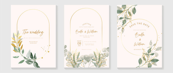Luxury botanical wedding invitation card template. Watercolor card with gold line art, flower, eucalyptus leaves, foliage. Elegant blossom vector design suitable for banner, cover, invitation. - obrazy, fototapety, plakaty