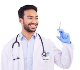 Healthcare, happy and doctor with vaccine, syringe and needle on isolated, png and transparent background. Healthcare, hospital and of man health worker with medicine, medical shot and injection
