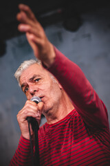 Singer artist performer close-up portrait during live performance on a stage. Punk rock music musician band group