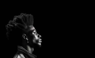 Portrait of a handsome young Black African man with afro against black background, copy space