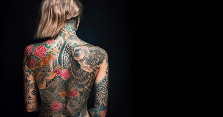 Fototapeta premium Tattoo artist woman Portrait of tattooed full body with black background copy space, creative design