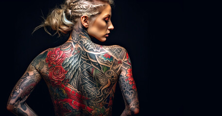 Tattoo artist woman Portrait of tattooed full body with black background copy space, creative design - obrazy, fototapety, plakaty