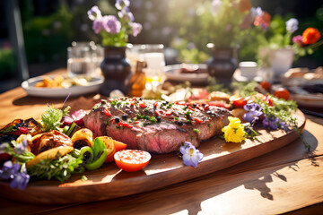 Preciosa mesa lista para almorzar carne y chuletón al aire libre en el jardín. Concepto de estilo de vida y festividad, barbacoa de verano con verduras. - obrazy, fototapety, plakaty