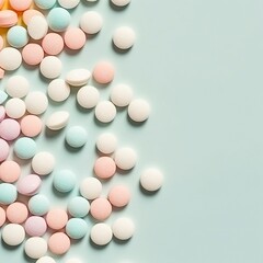 colorful pills on blue pastel background. Capsules pills close-up. health care and medicine. generative ai