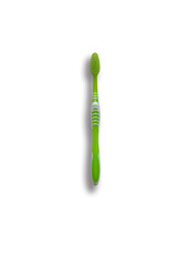 Top view of green plastic toothbrush on white background with clipping path.