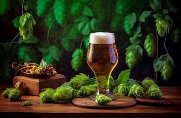 glass of beer with hop cones on a wooden table ai generated