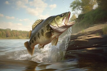 Fototapeta premium Big black bass jumping in the river. Nice specimen for a fisher. Generative AI