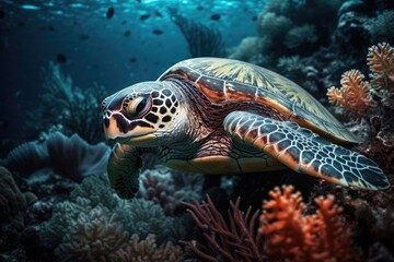 Obraz na płótnie Canvas Turtle swimming underwater in the colorful coral reef. Tropical marine life. Generative AI