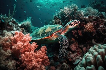 Fototapeta na wymiar Turtle swimming underwater in the colorful coral reef. Tropical marine life. Generative AI