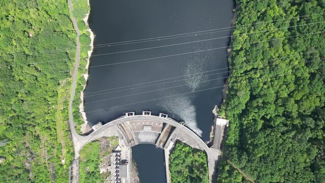 overhead birds eye view dam Barrage Du Chastang France EDF Hydro power plant