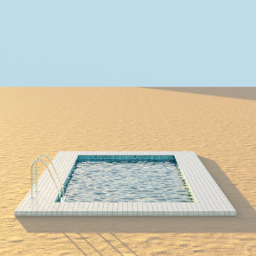 Contemporary art, Creative colorful design swimming pool over beach background, close up, Summer concept, 3D render