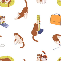 Cute cats life, seamless pattern design. Feline activities, endless background, repeating print with kitty and pets supplies, accessories, toys, scratching post. Flat vector illustration for fabric