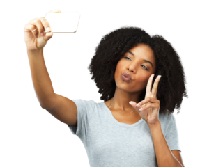 Pouting, peace and a black woman with a selfie for social media, fun and funny face. Happy, pout and an African girl taking a photo with an emoji sign isolated on a transparent png background
