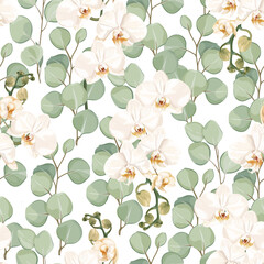 Seamless tropical pattern with white Phalaenopsis orchid flowers and eucalyptus leaves. Stock vector illustration on a white background.