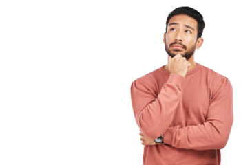 Thinking, face and asian man with decision on isolated, transparent and png background. Why, questions and male person with doubt emoji for choice, consider or confused by solution or problem solving