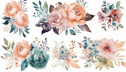 Obraz na płótnie Canvas Watercolor floral bouquets, for invitation cards, wedding invitations, fashion backgrounds, DIY textures, greeting cards, wallpaper designs, wedding stationary sets, DIY wrappers