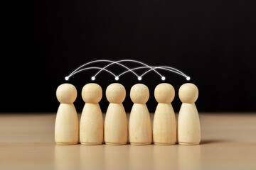 Social interpersonal connections. Online communication network. Interpersonal coordination. Human wooden figurines group with link line communication system in company organization. - obrazy, fototapety, plakaty