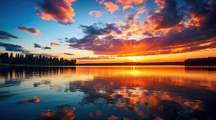 Fototapeta na wymiar Minnesota Lake Sunset: A Serene View of the Sun Setting Over the Water, with Beautiful Skies and Nature in the Background: Generative AI