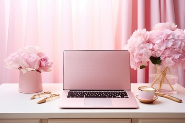 Pink Workspace with Woman's Laptop, Accessories, and Diarizing on White Desk: Generative AI