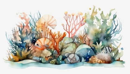 Fototapeta na wymiar Watercolor Ocean Scene illustration on isolated white background, sea, wallpaper