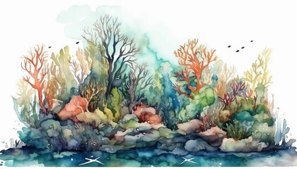 Naklejka na ściany i meble Watercolor Ocean Scene illustration on isolated white background, sea, wallpaper