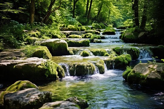 Refreshing Natural Spring Water Flowing Through Lush Green Landscape with Stone Outcroppings: Generative AI
