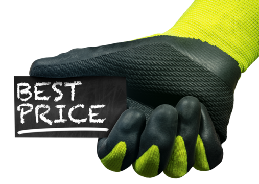 Hand with protective work glove holding a small blackboard with the text Best Price written in chalk, isolated on white or transparent background. Photography. Png.