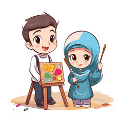 muslim kids painting on the canvas