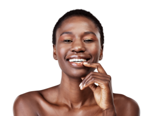Face, skincare and beauty black woman isolated on a transparent png background. Natural, cosmetics and portrait of happy model with spa facial treatment for aesthetic, wellness and healthy skin.
