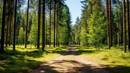Obraz premium Serene Forest Panorama in Estonia. Pine Trees Lining Pathway in a Timberland Park. Perfect for Hiking & Exploring North's Dense Green Preserve. Generative AI