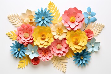 Three-Dimensional Paper Flowers in Vibrant Colors. Beautiful and Colorful Floral Arrangements for Wall Decor, Wallpaper or Festive Embellishment. 