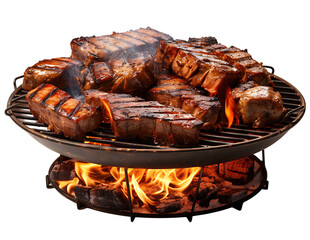 B-B-Q. Barbecue. Grilled steaks. Juicy pieces of meat on fire. Isolated on transparent background. KI.
