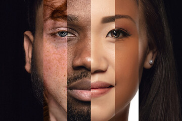 Human face made from different portrait of men and women of diverse age and race. Combination of faces. Humanity. Concept of social equality, human rights, freedom, diversity, acceptance - obrazy, fototapety, plakaty