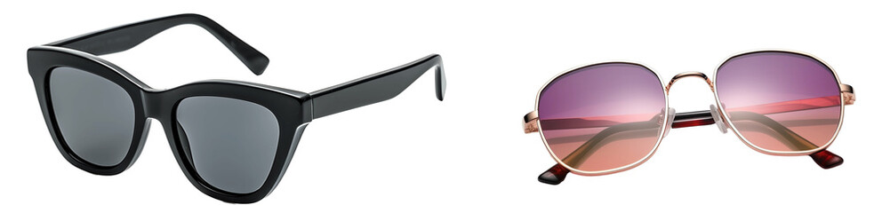 A set of two types of sunglasses. Summer design elements, glasses, side view / top view. Sunglasses for summer and the beach. Isolated on transparent background. KI.