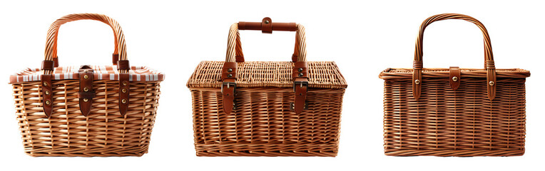 A set of three types of picnic baskets. Summer and beach design elements, picnic baskets, side view. Wicker baskets for a picnic in nature. Isolated on transparent background. KI.