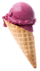 Berry, purple ice cream in a triangular waffle cone. Isolated on transparent background. KI.