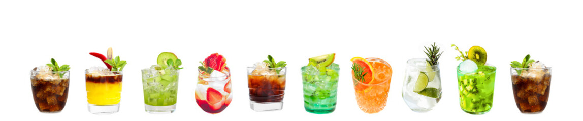 Summer drinks bar banner background, Set of colorful mixed cocktails isolated clean cut clipping path on white, copy space.