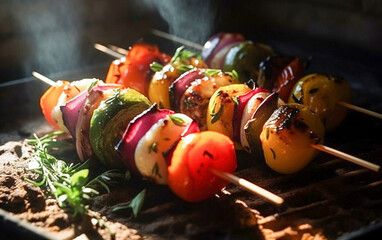 Ai generative.  Various grilled vegetables are prepared on skewers
