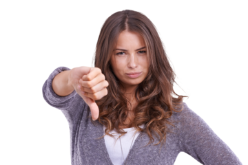 Woman, thumbs down and negative feedback in portrait, rejection and hand gesture isolated on transparent png background. Review, opinion and voice with wrong choice, female person and vote with fail
