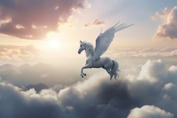 Skybound Majesty: Majestic Pegasus Horse Soaring High Above the Clouds, Majestic Pegasus, Horse, Flying, High Above, Clouds, Skybound, Mythical, Fantasy, Graceful,